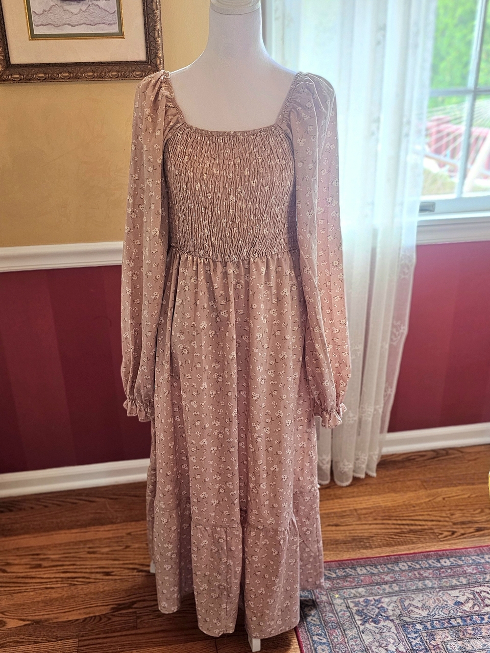 Dusty Rose Floral Smocked Maxi Dress